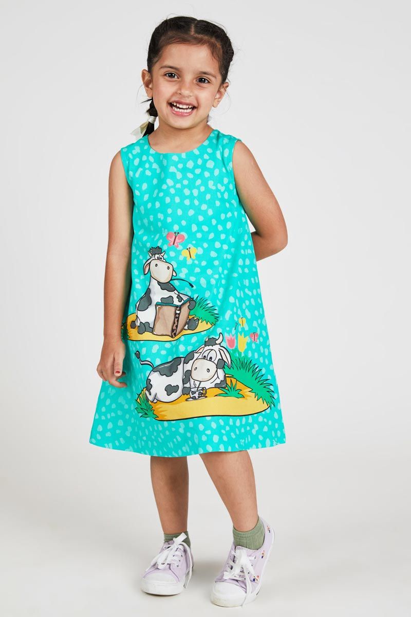 Green A Lline Sleeveless Cow Printed Dress In 100% Cotton