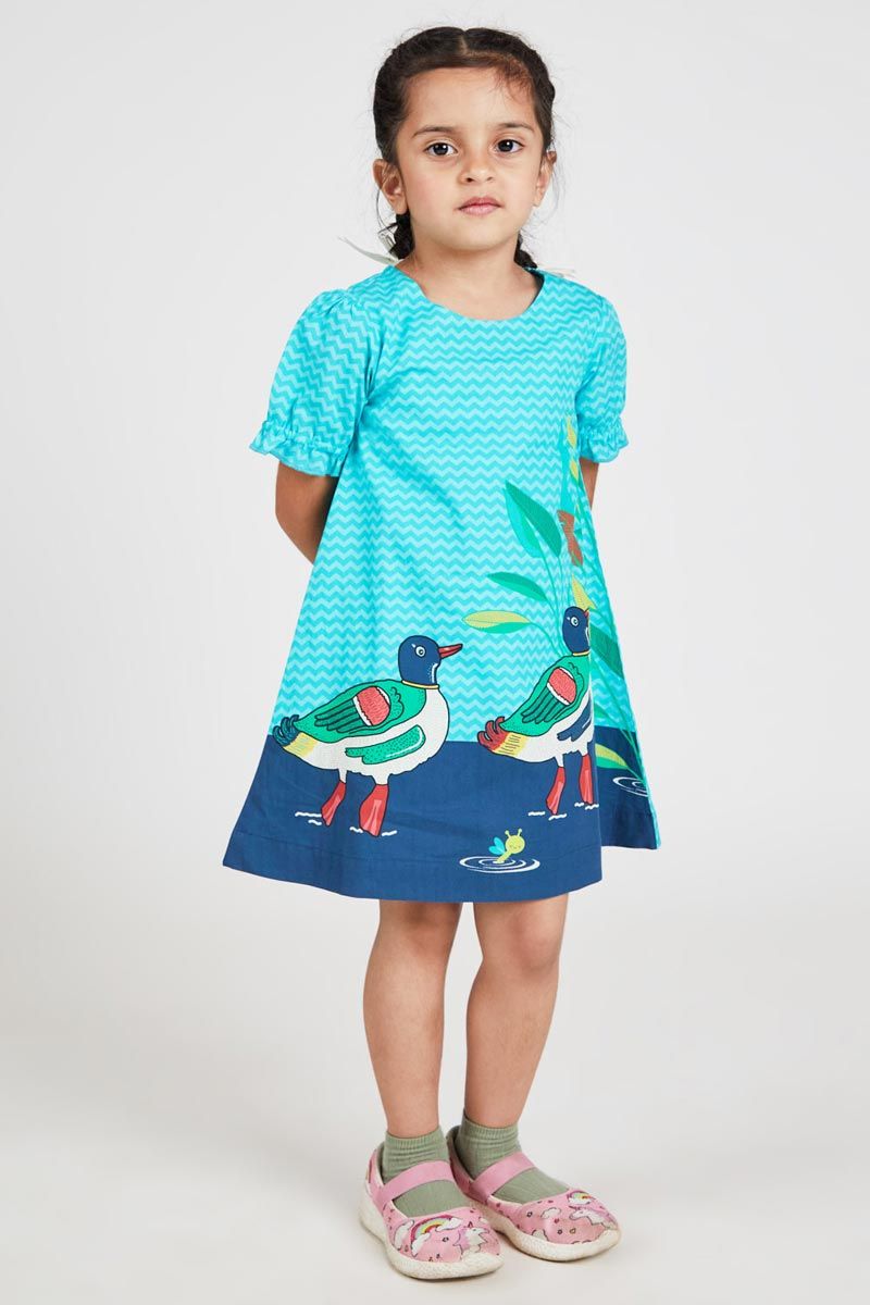 Light Blue A Line Dress With Cute Duck Print