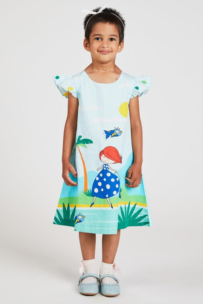 Sky Blue A Line Dress With Whimsical Flying Fish Print