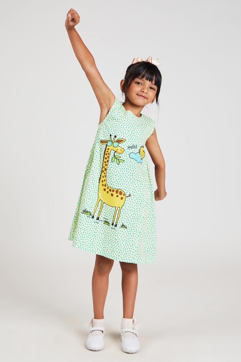 Light Blue A Line Sleeveless Giraffe Printed 100% Cotton Dress