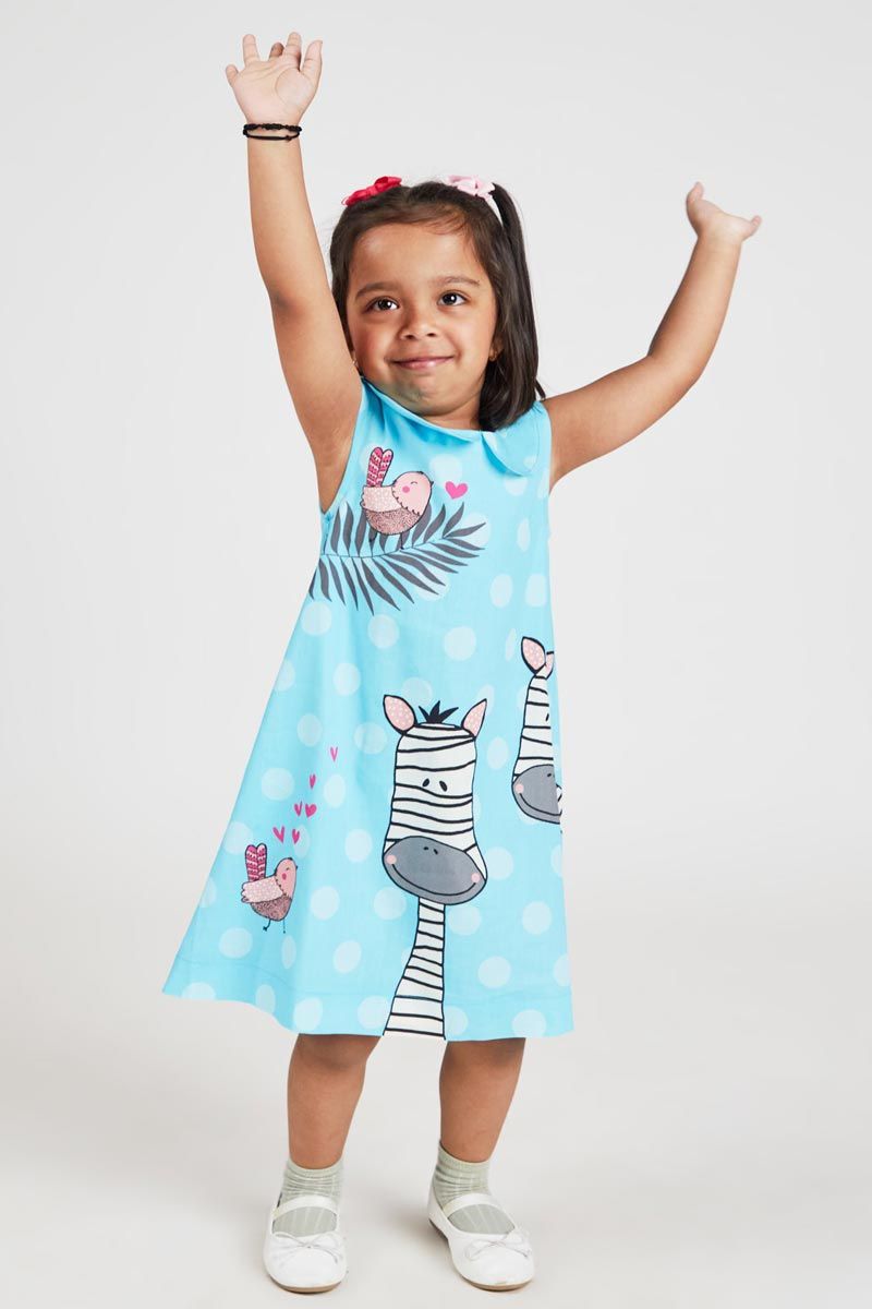 Light Blue A Line Sleeveless Zebra Printed 100% Cotton Dress