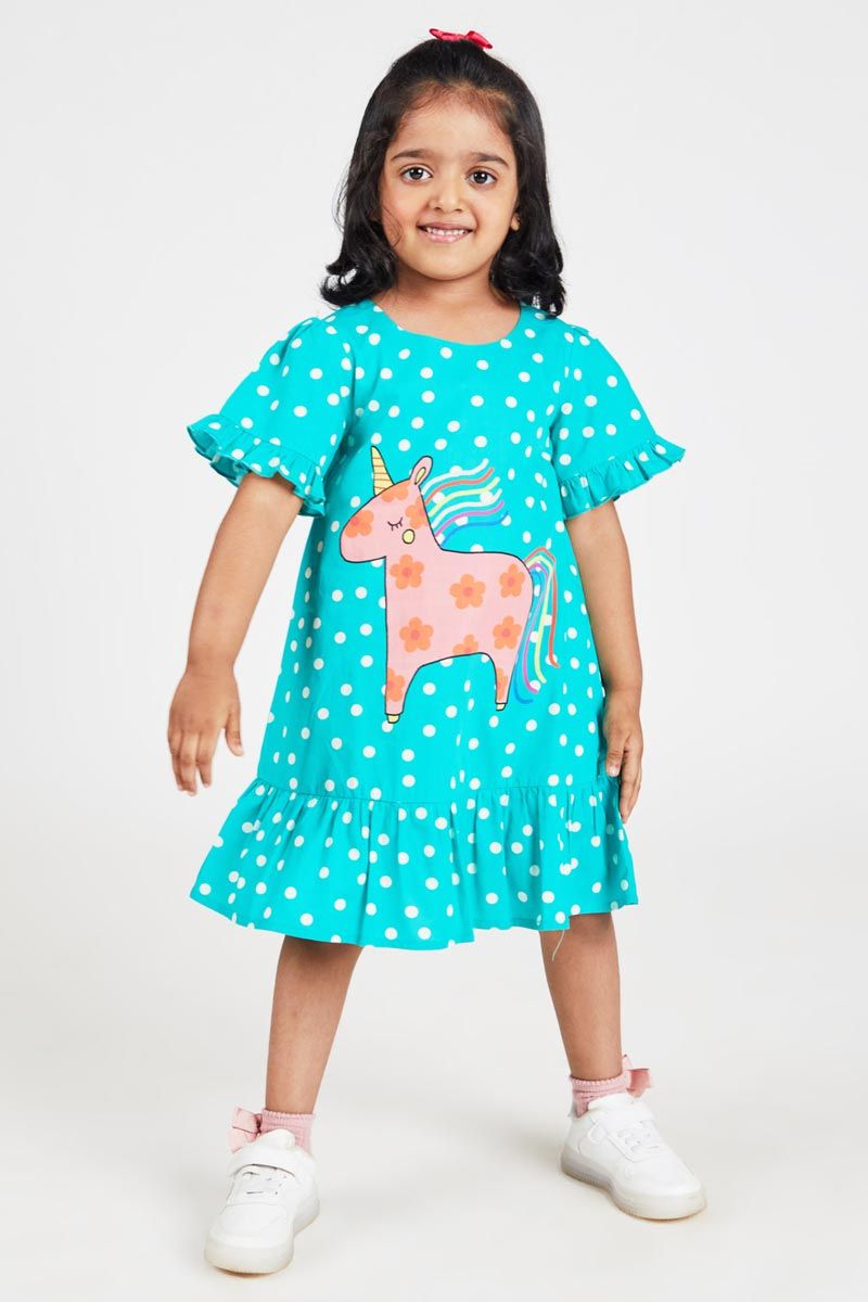 Bright Blue Fit And Flare Unicorn Printed 100% Cotton Dress