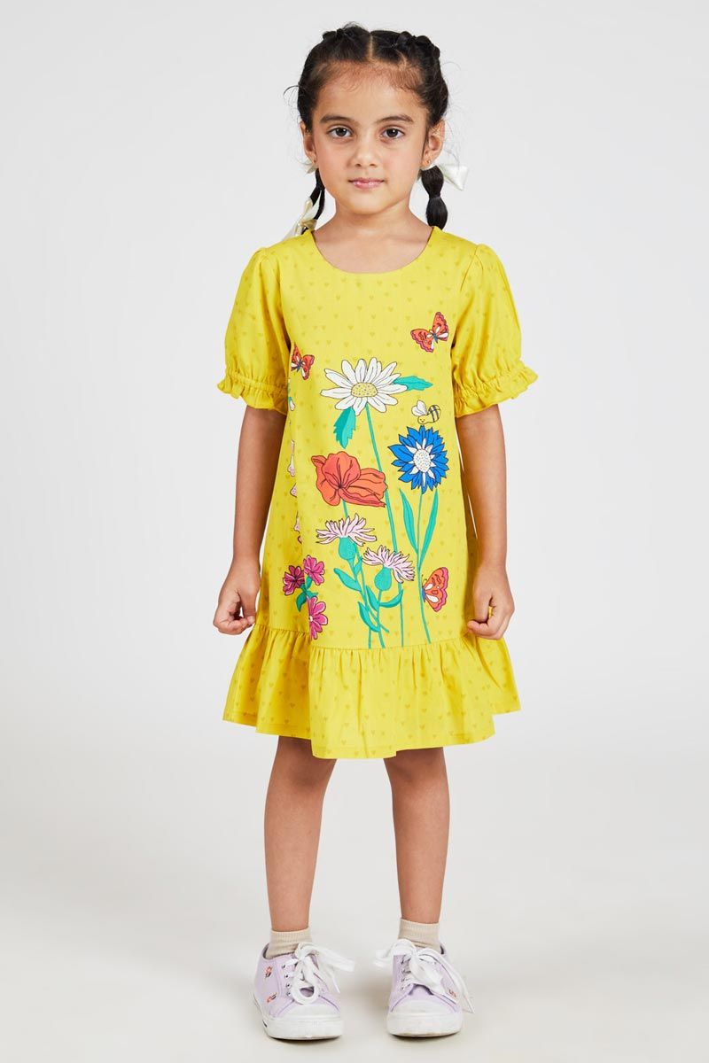 Yellow A Line Floral Printed 100% Cotton Dress