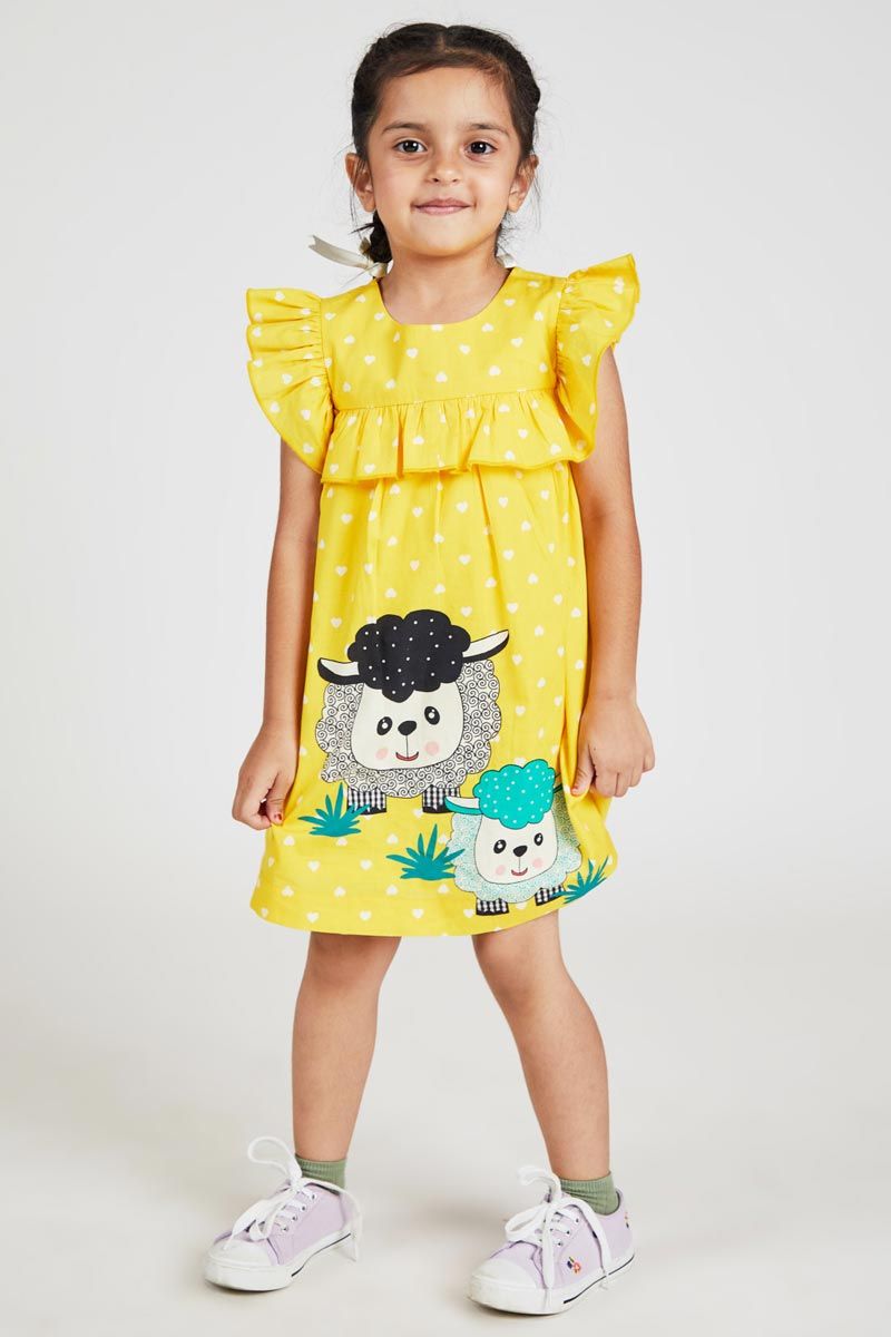 Yellow A Line Dress With Happy Sheep Print