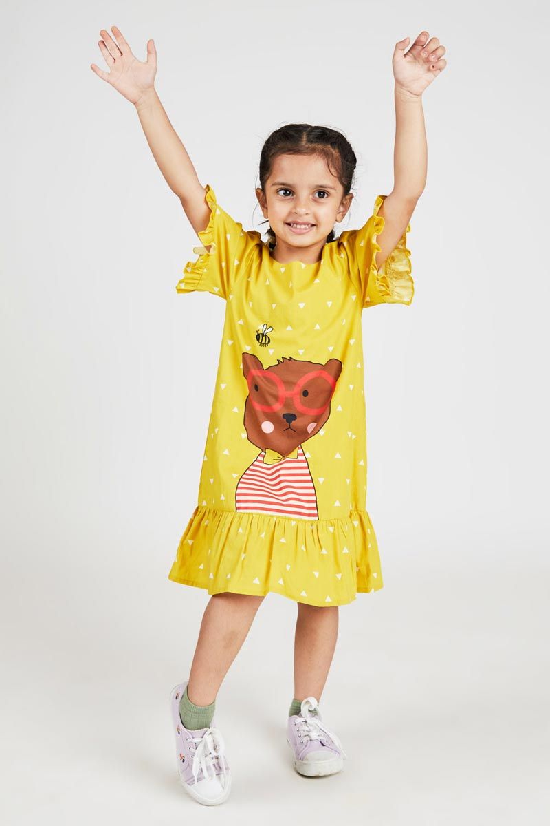 Yellow A Line Dress With Cute Teddy Print