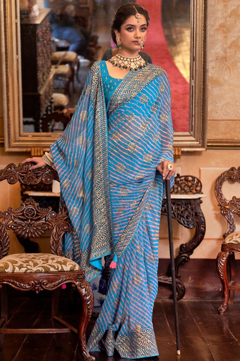 Fascinate Georgette Fabric Casual Look Saree In Cyan Color