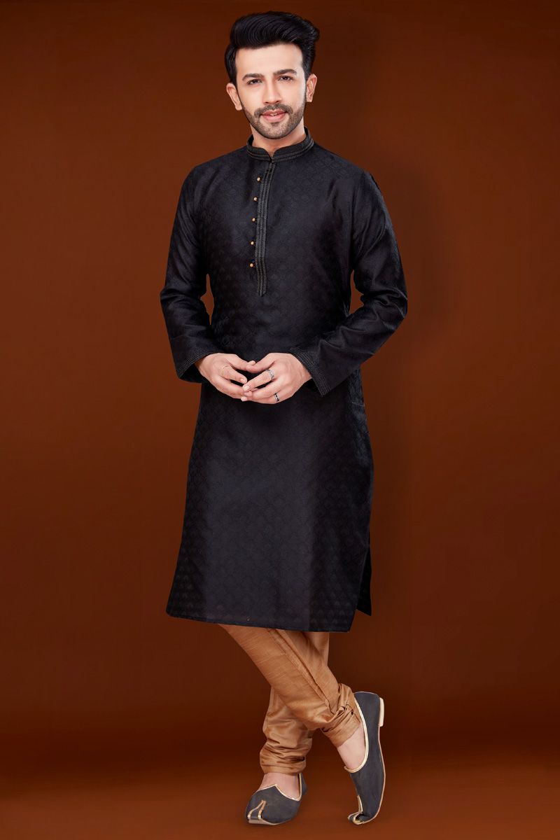 Black Color Jacquard Fabric Engaging Kurta Pyjama For Men