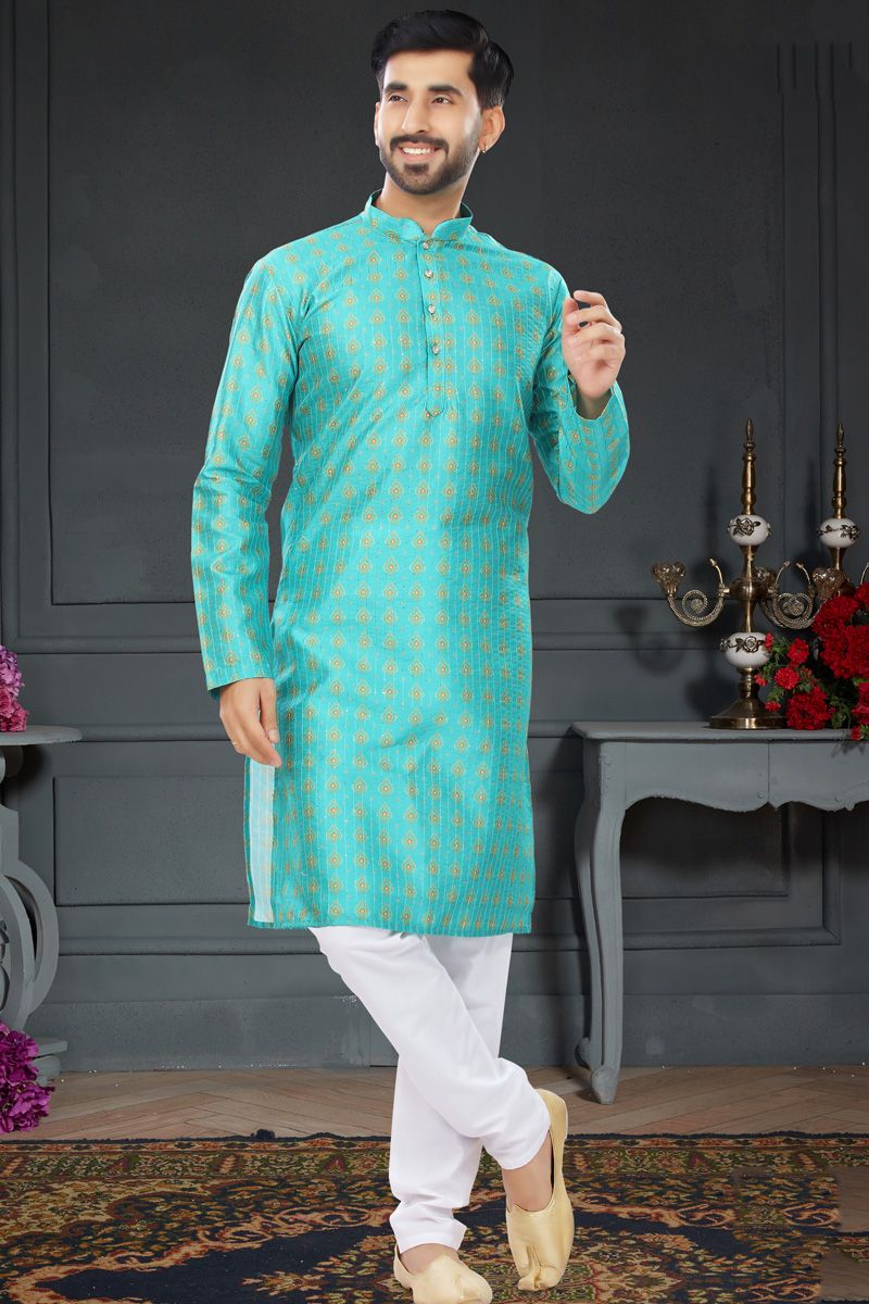 Cyan Silk Fabric Kurta Pyjama In Printed Work