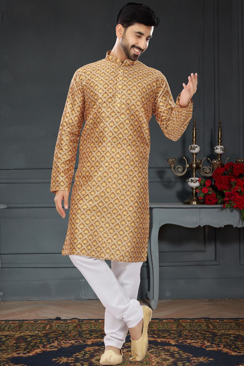 Mustard Color Printed Mens Kurta Pyjama In Silk Fabric