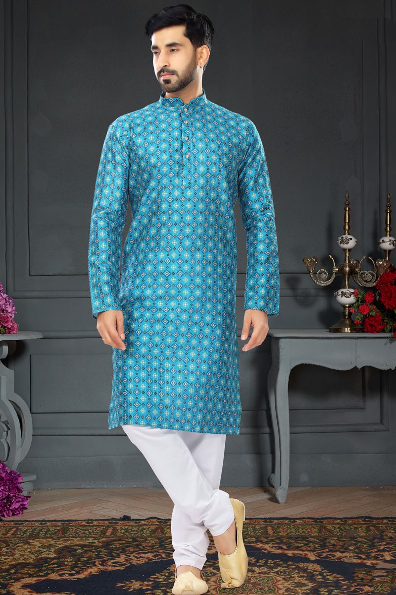 Sky Blue Readymade Kurta Pyjama In Printed Work