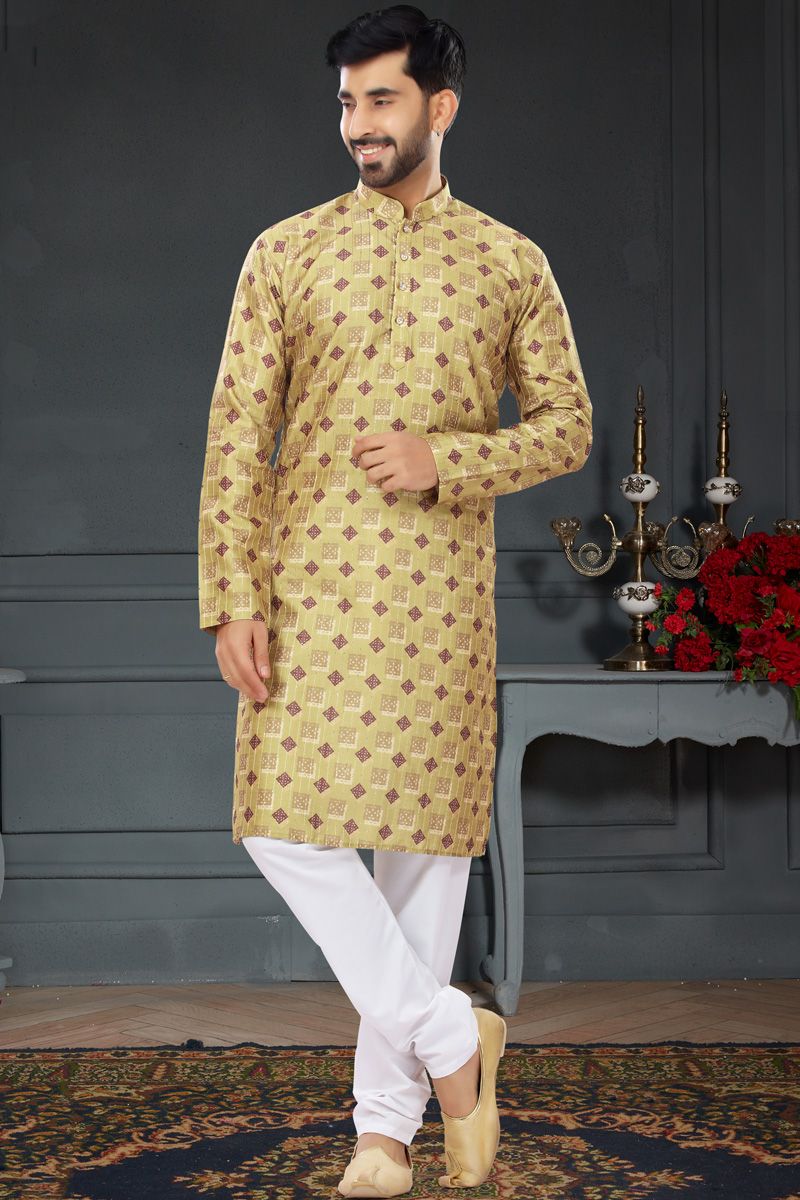 Cream Color Silk Kurta Pyjama In Digital Printed Work