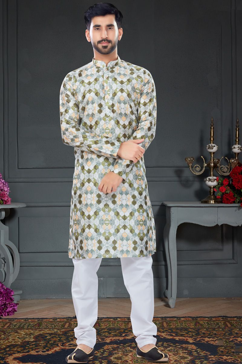 Multi Color Printed Kurta Pyjama In Silk Fabric