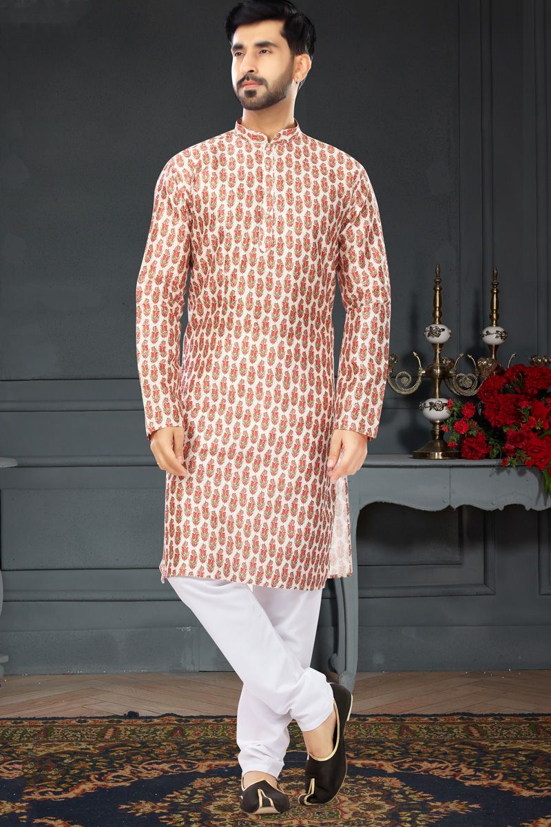 Red Printed Work Kurta Pyjama In Silk Fabric