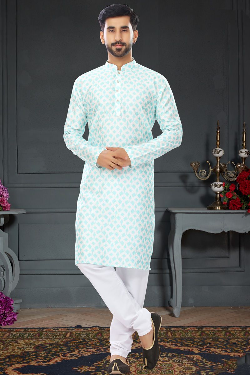 Light Cyan Color Printed Silk Kurta Pyjama