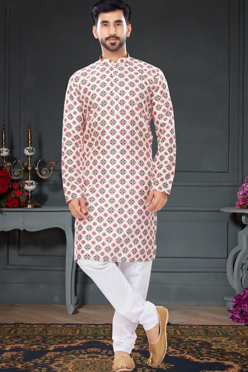 Cream Color Silk Fabric Printed Mens Kurta Pyjama