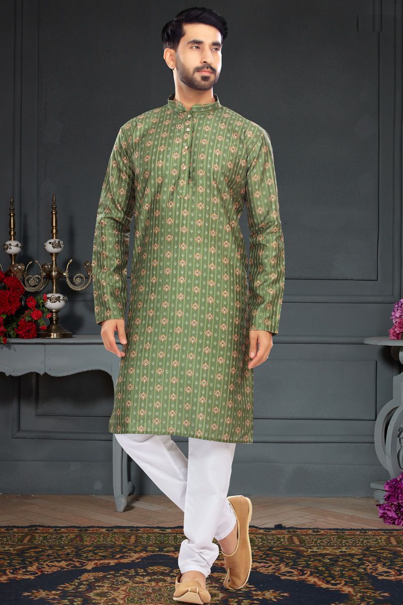 Olive Color Readymade Mens Silk Kurta Pyjama