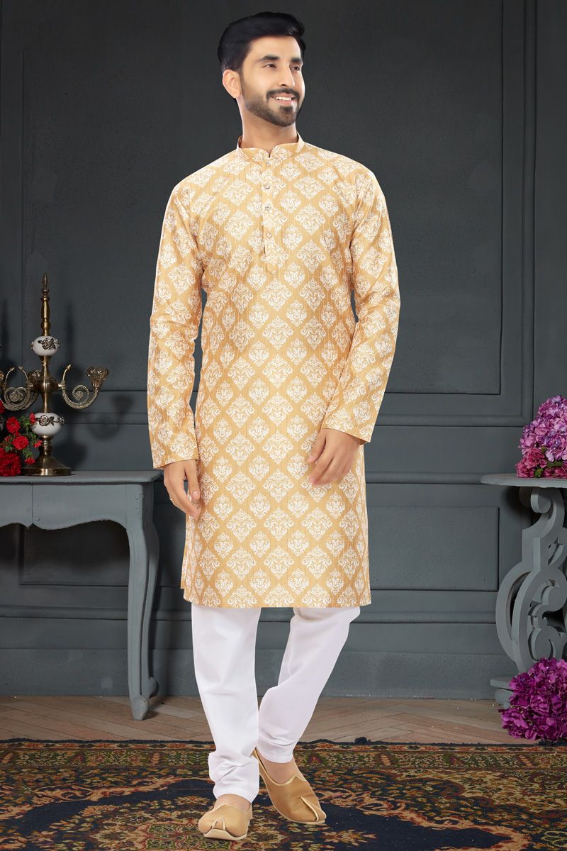 Peach Color Printed Embellished Kurta Pyjama