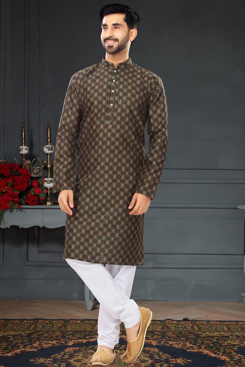 Brown Color Mens Printed Kurta Pyjama In Silk Fabric