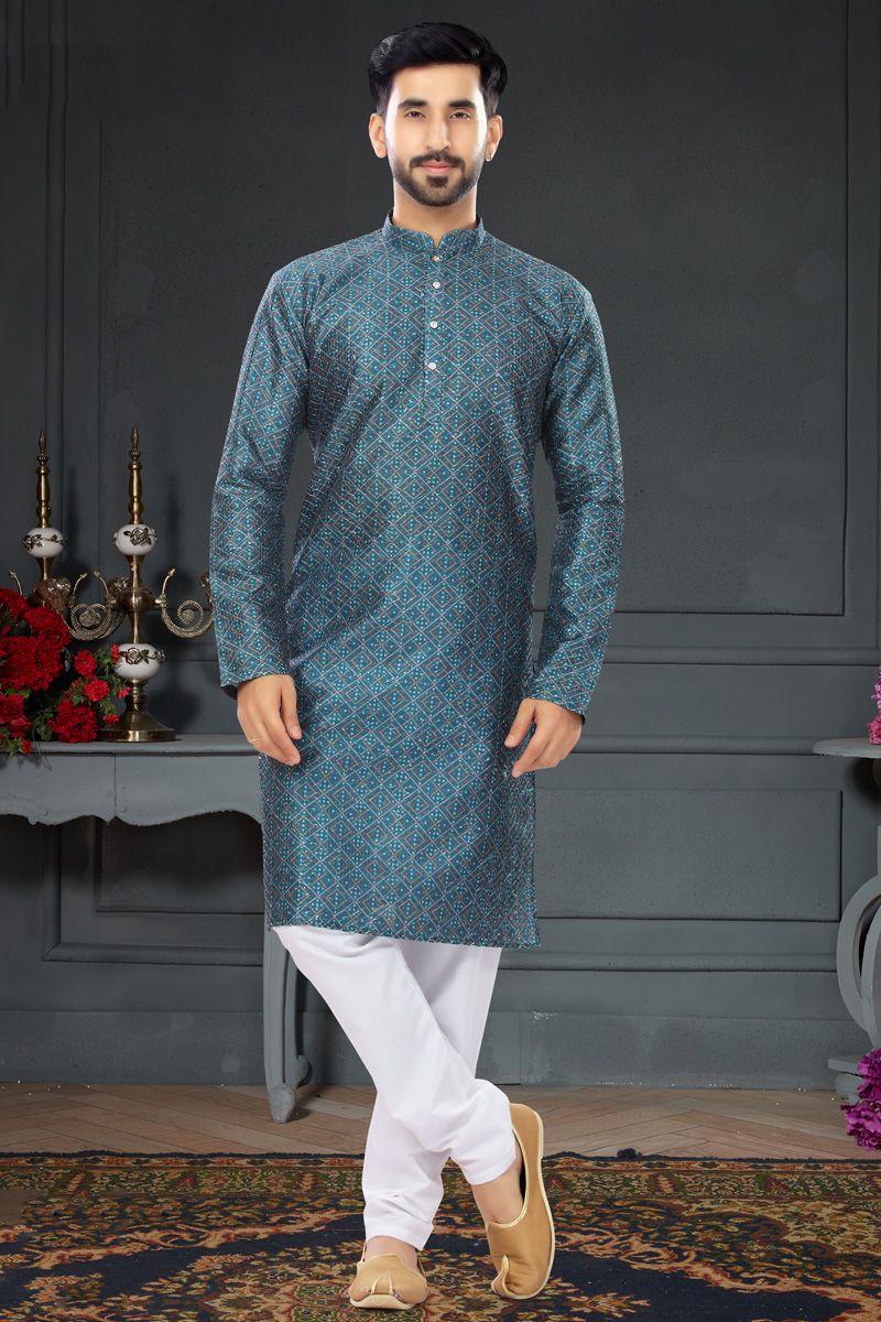 Blue Readymade Kurta Pyjama In Printed Work