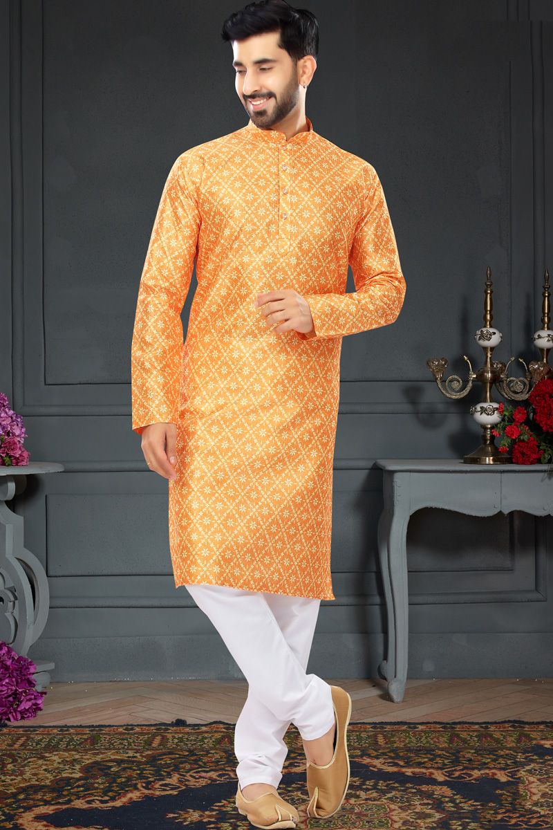 Orange Color Digital Printed Kurta Pyjama For Mens