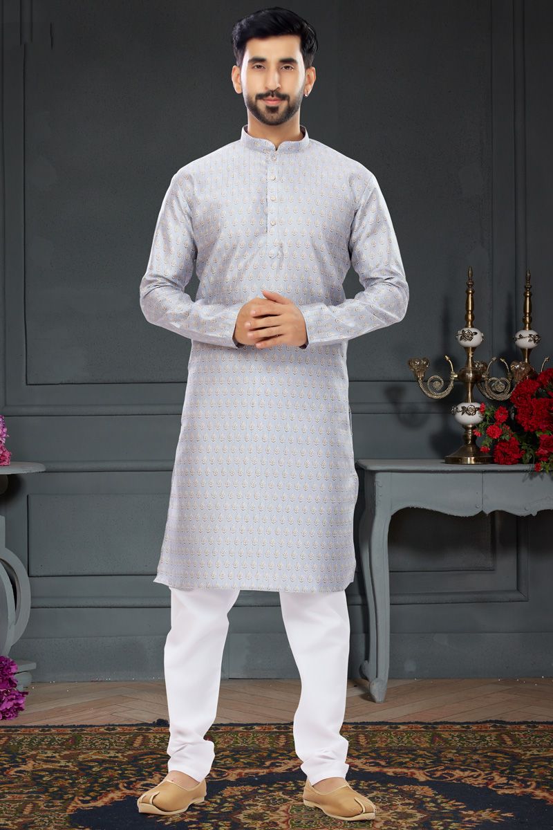 Grey Color Printed Embellished Kurta Pyjama In Silk Fabric