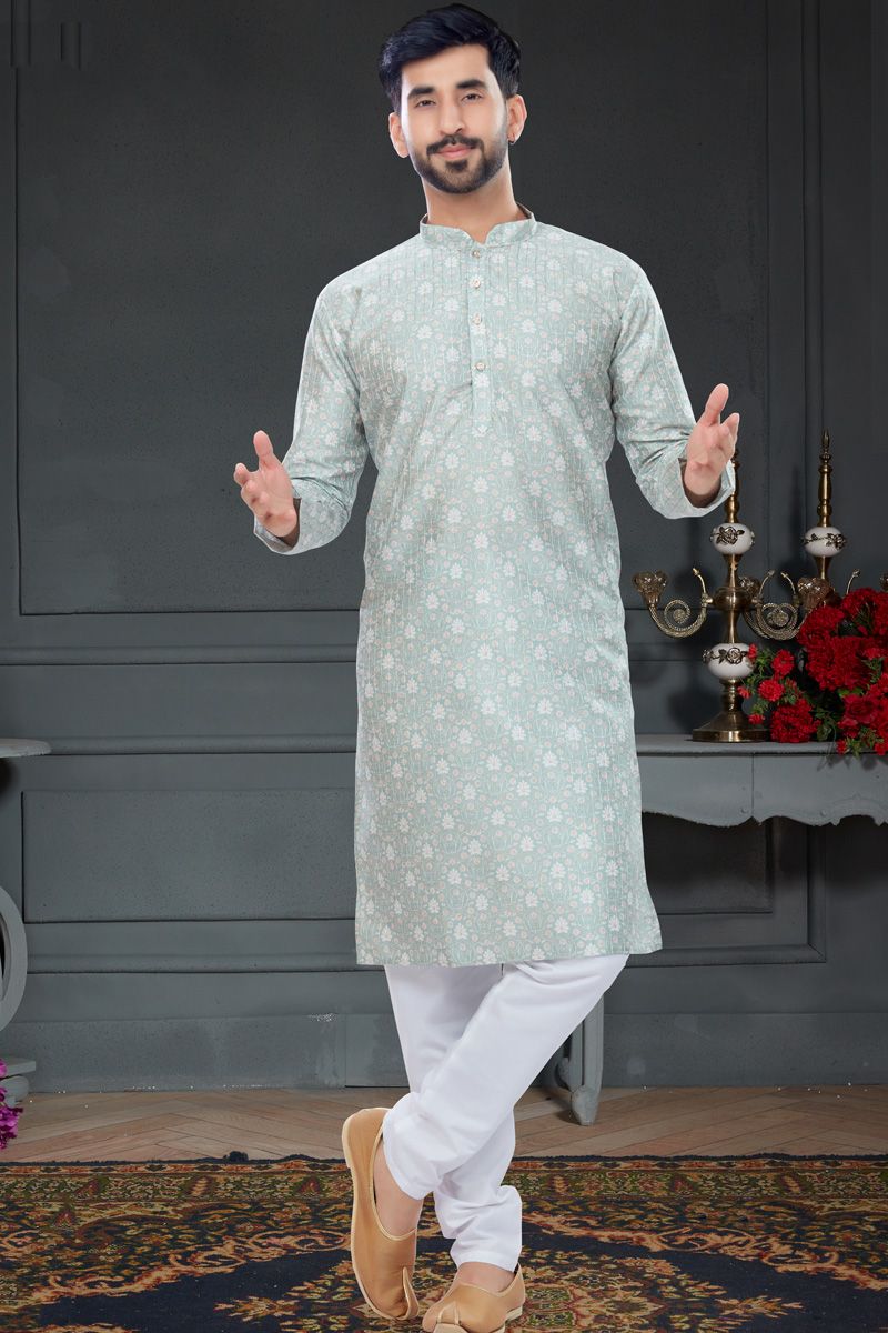 Light Cyan Silk Kurta Pyjama In Digital Printed Work