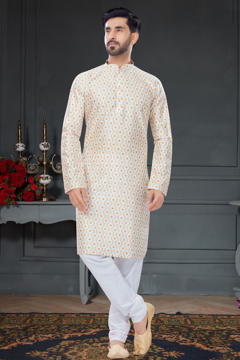 Cream Color Digital Printed Kurta Pyjama