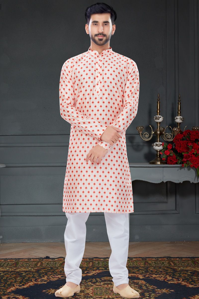 Cream Color Festive Look Printed Kurta Pyjama