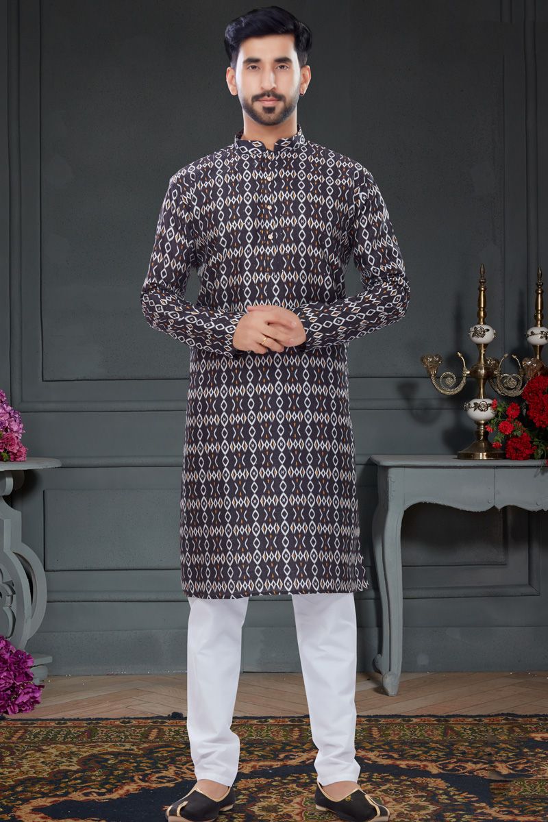 Black Color Mens Kurta Pyjama In Digital Printed Work