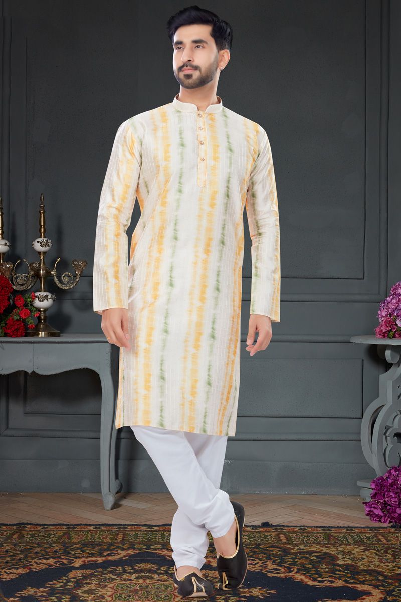 Off White Color Printed Mens Kurta Pyjama