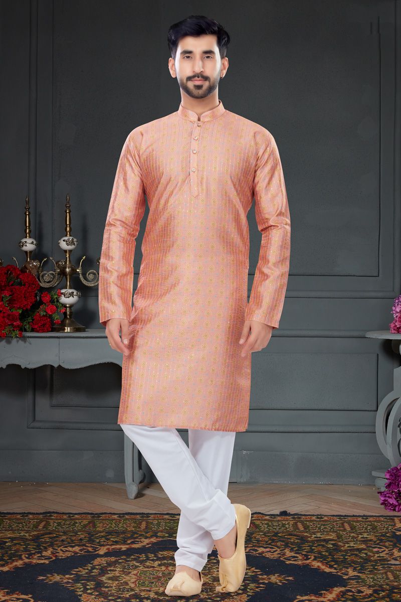 Peach Color Digital Printed Kurta Pyjama For Mens