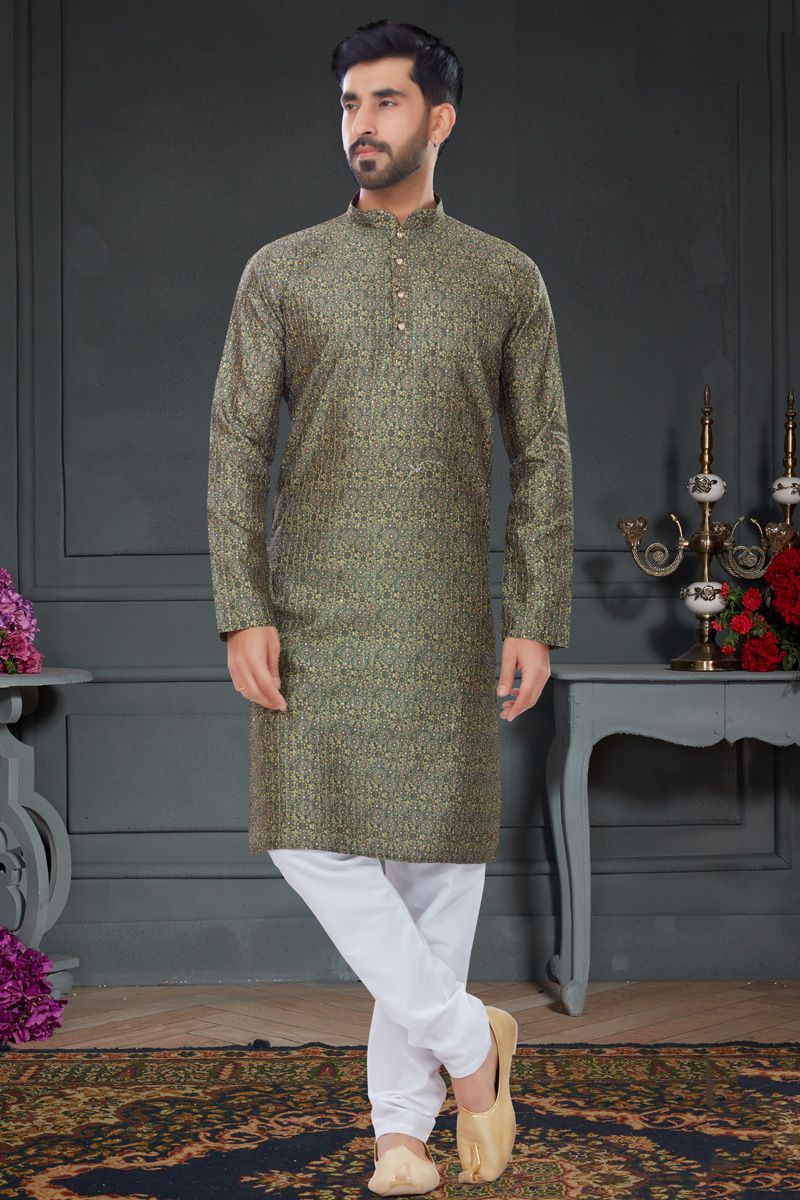 Olive Color Digital Printed Kurta Pyjama For Men