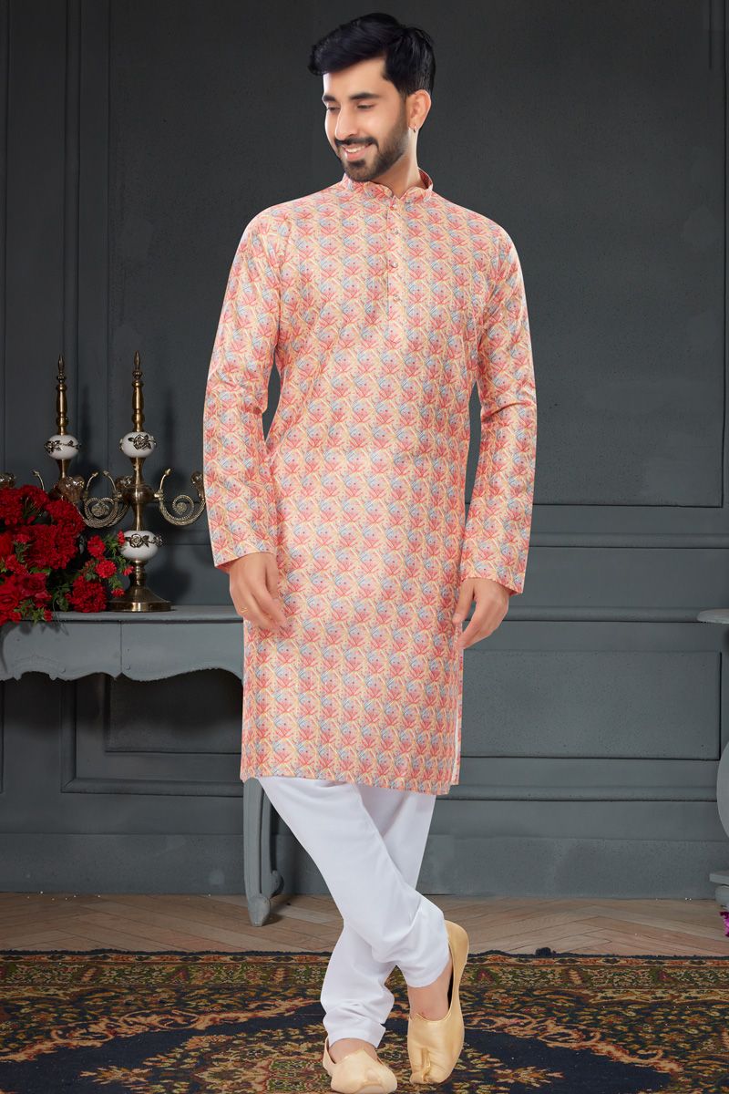 Peach Color Mens Kurta Pyjama In Digital Printed Work