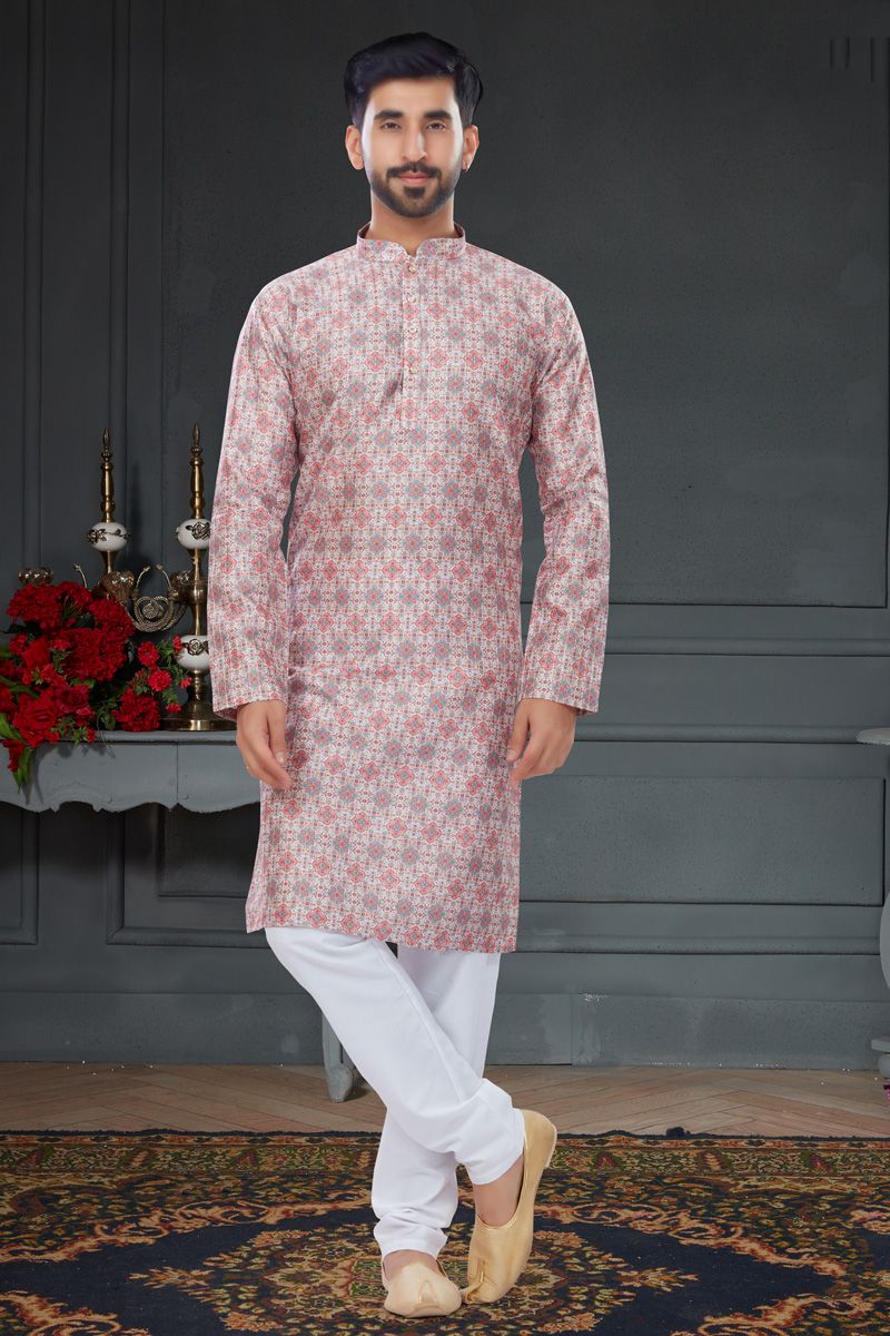 Pink Color Silk Kurta Pyjama In Printed Work