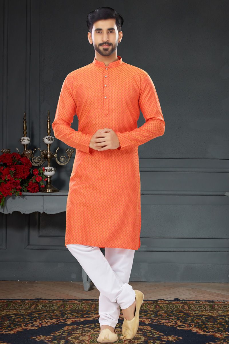 Orange Mens Kurta Pyjama In Jacquard Work