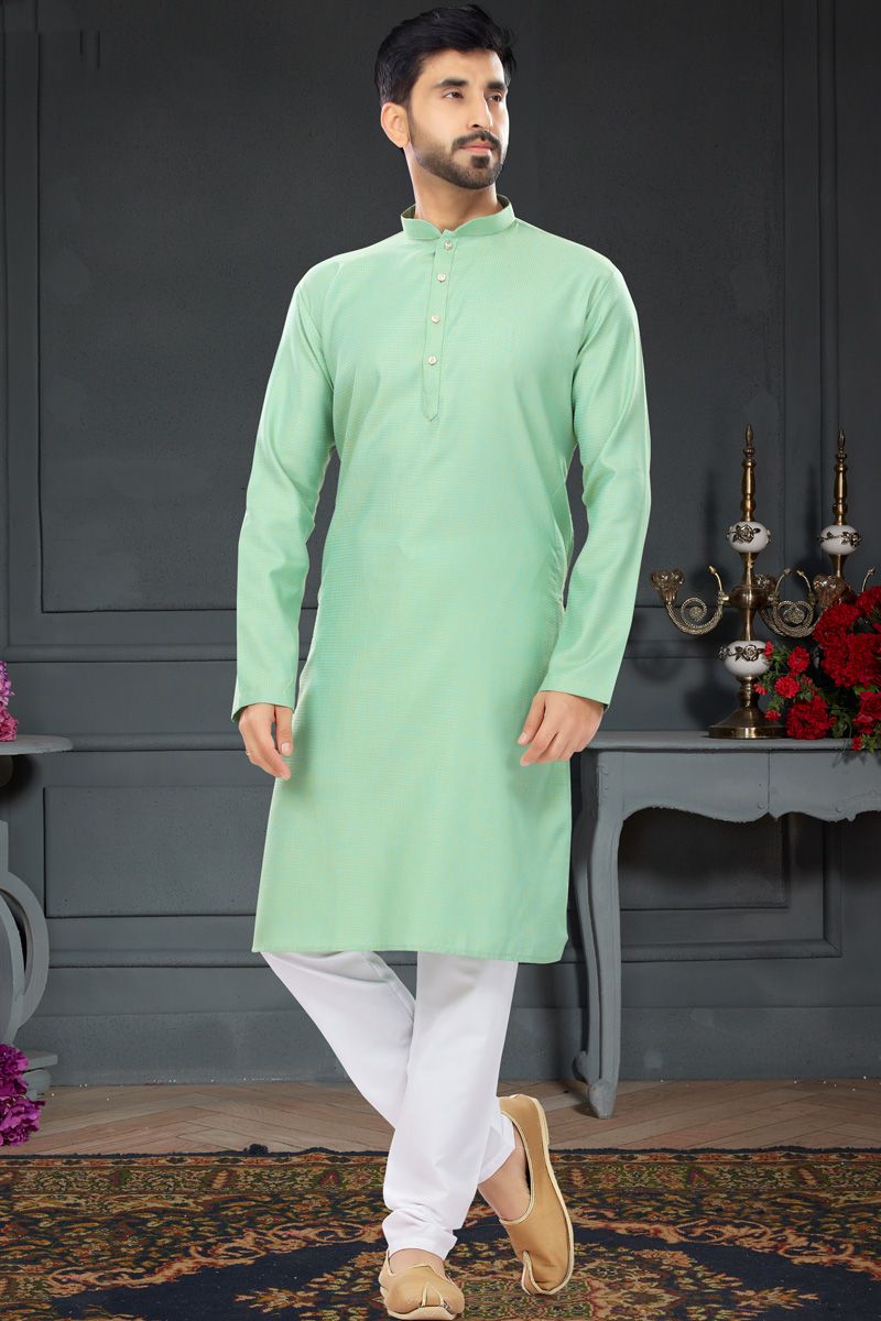 Sea Green Cotton Kurta Pyjama In Jacquard Work