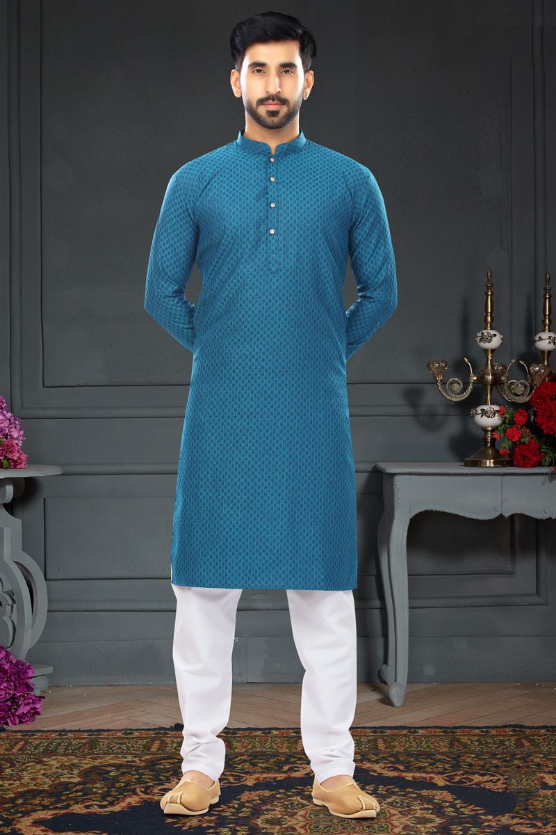 Blue Jacquard Work Kurta Pyjama In Cotton Fabric