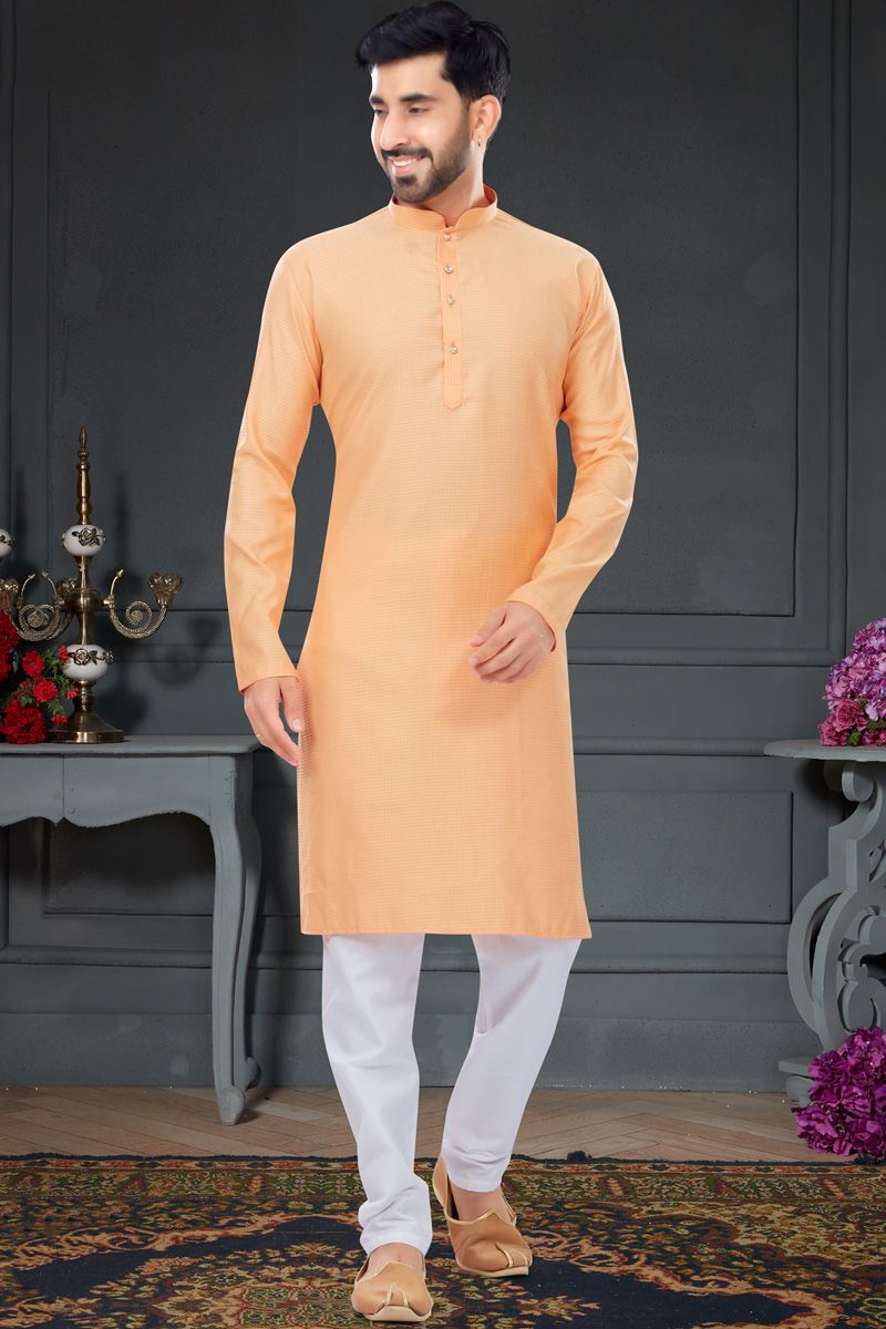 Peach Jacquard Work Mens Kurta Pyjama In Cotton Fabric