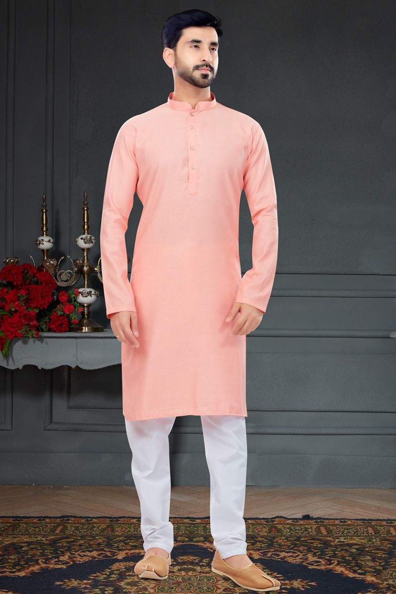 Pink Jacquard Work Kurta Pyjama For Mens