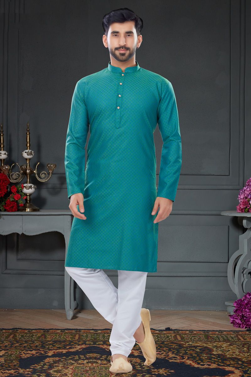 Teal Color Jacquard Work Kurta Pyjama In Cotton Fabric