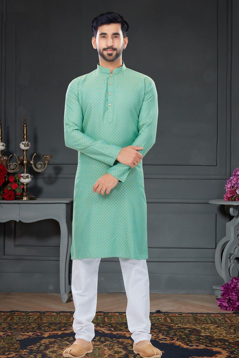 Sea Green Jacquard Work Kurta Pyjama For Men