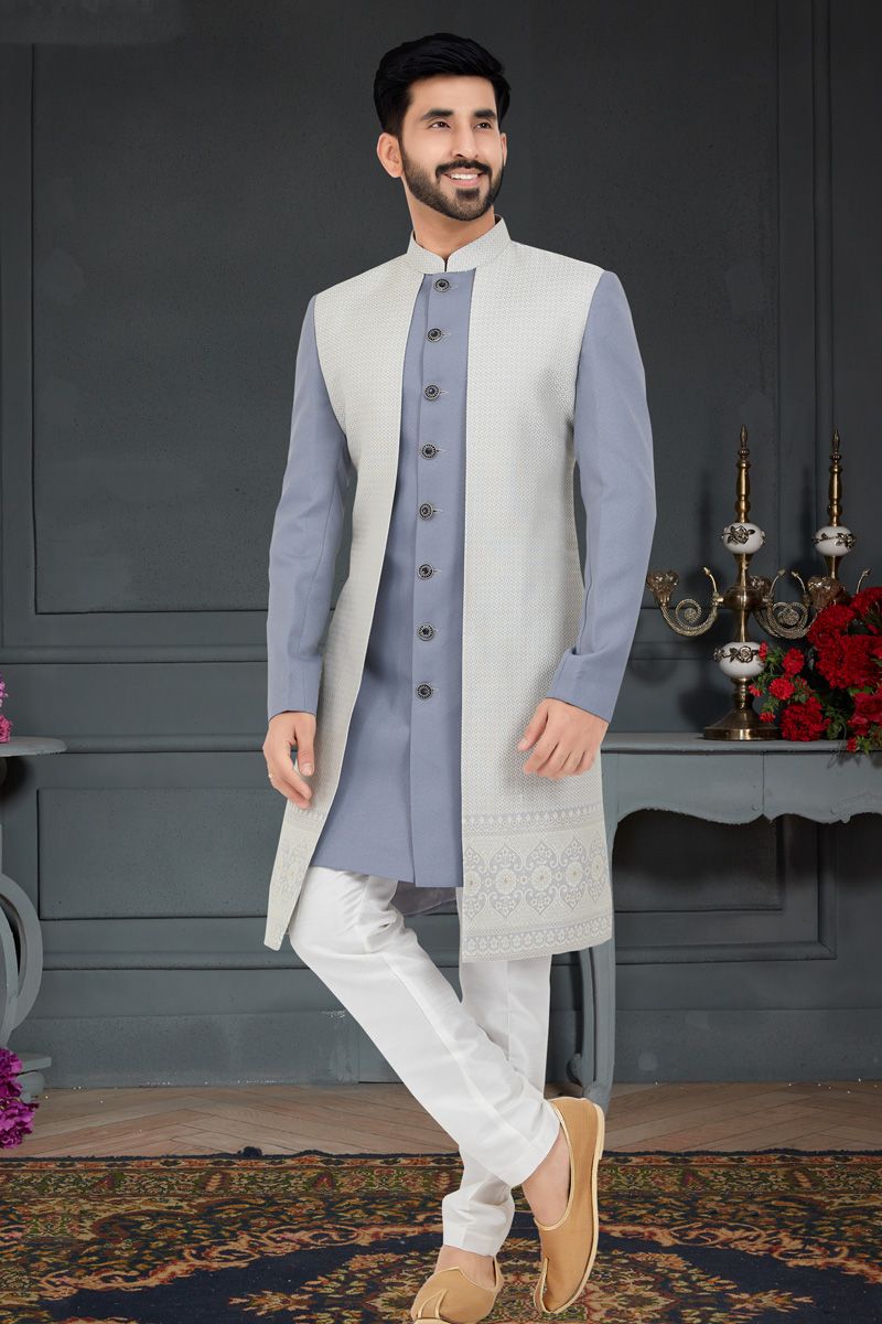 Fantastic Grey Color Jacquard Fabric Italian Indo Western