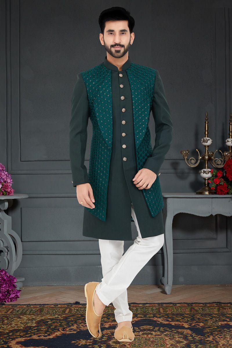 Dusky Dark Green Color Fancy Fabric Italian Indo Western