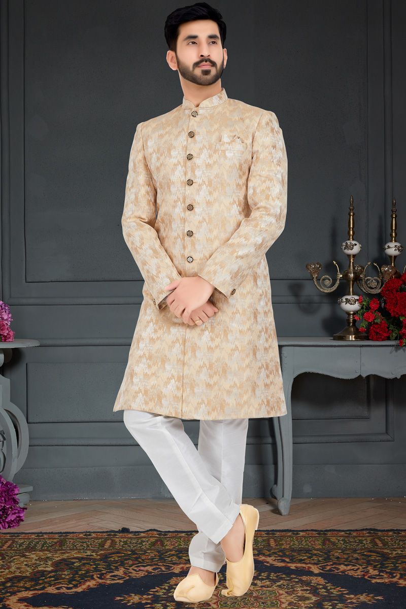 Cream Color Provocative Italian Indo Western In Jacquard Fabric