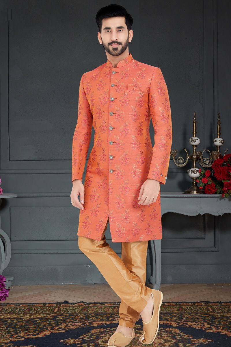 Enriching Orange Color Jacquard Fabric Italian Indo Western