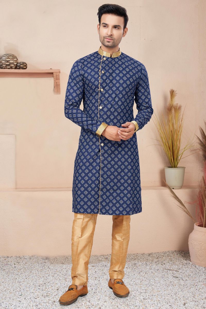 Navy Blue Color Cotton Fabric Printed Captivating Readymade Indo Western For Men