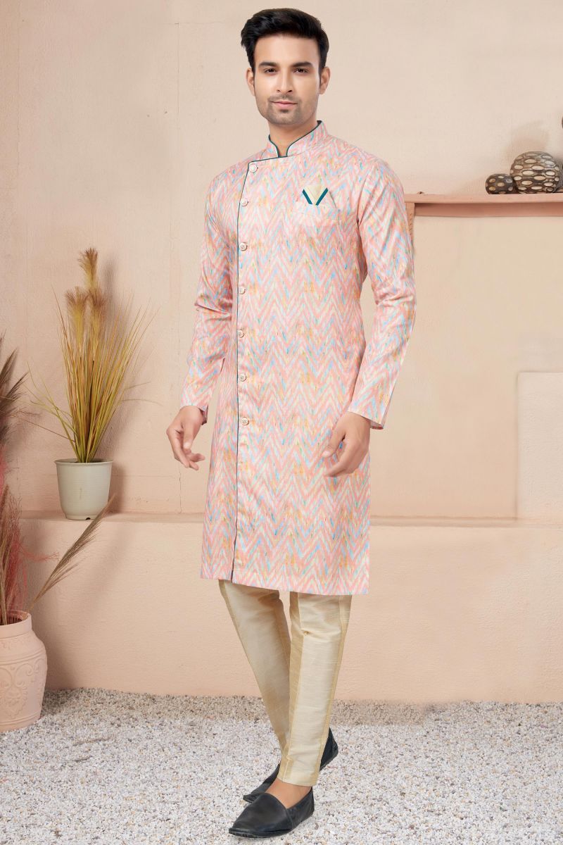 Beautiful Printed Cotton Fabric Readymade Indo Western For Men In Pink Color