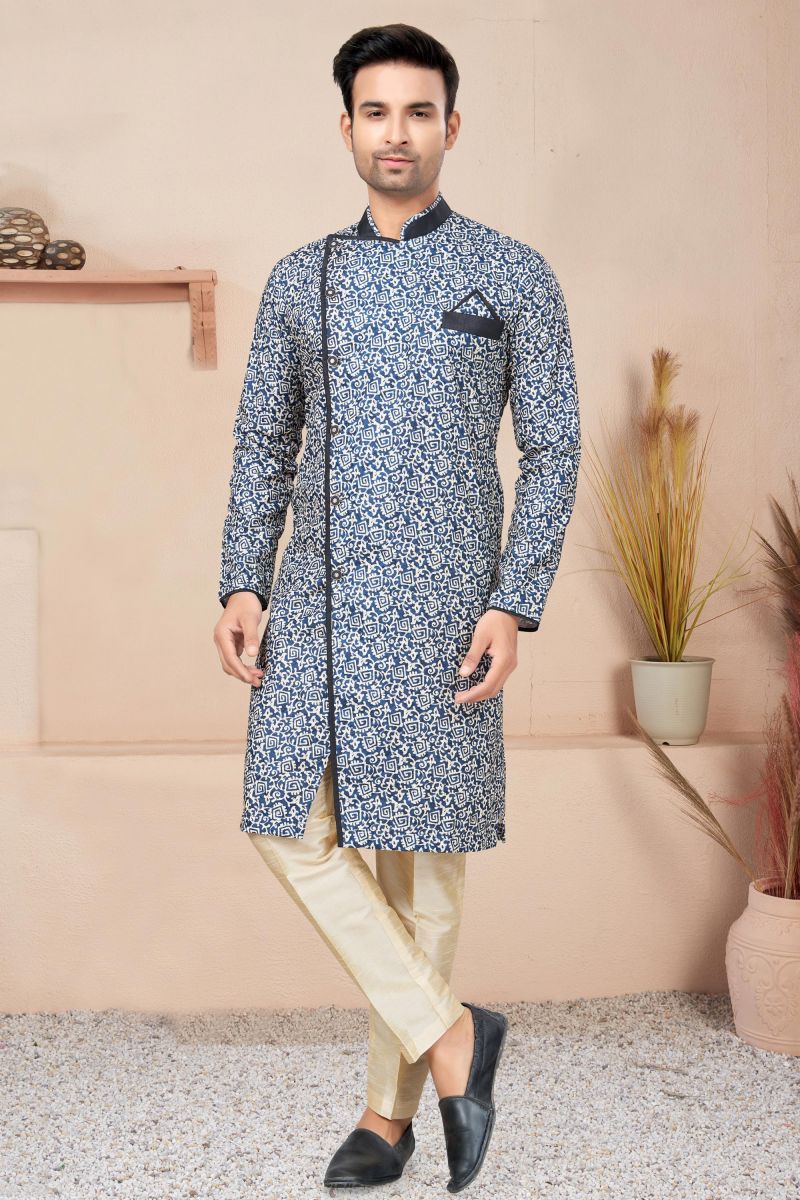 Printed Blue Color Fancy Fabric Readymade Indo Western For Men