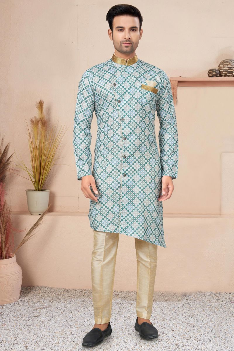 Cotton Fabric Printed Teal Color Readymade Men Stylish Indo Western