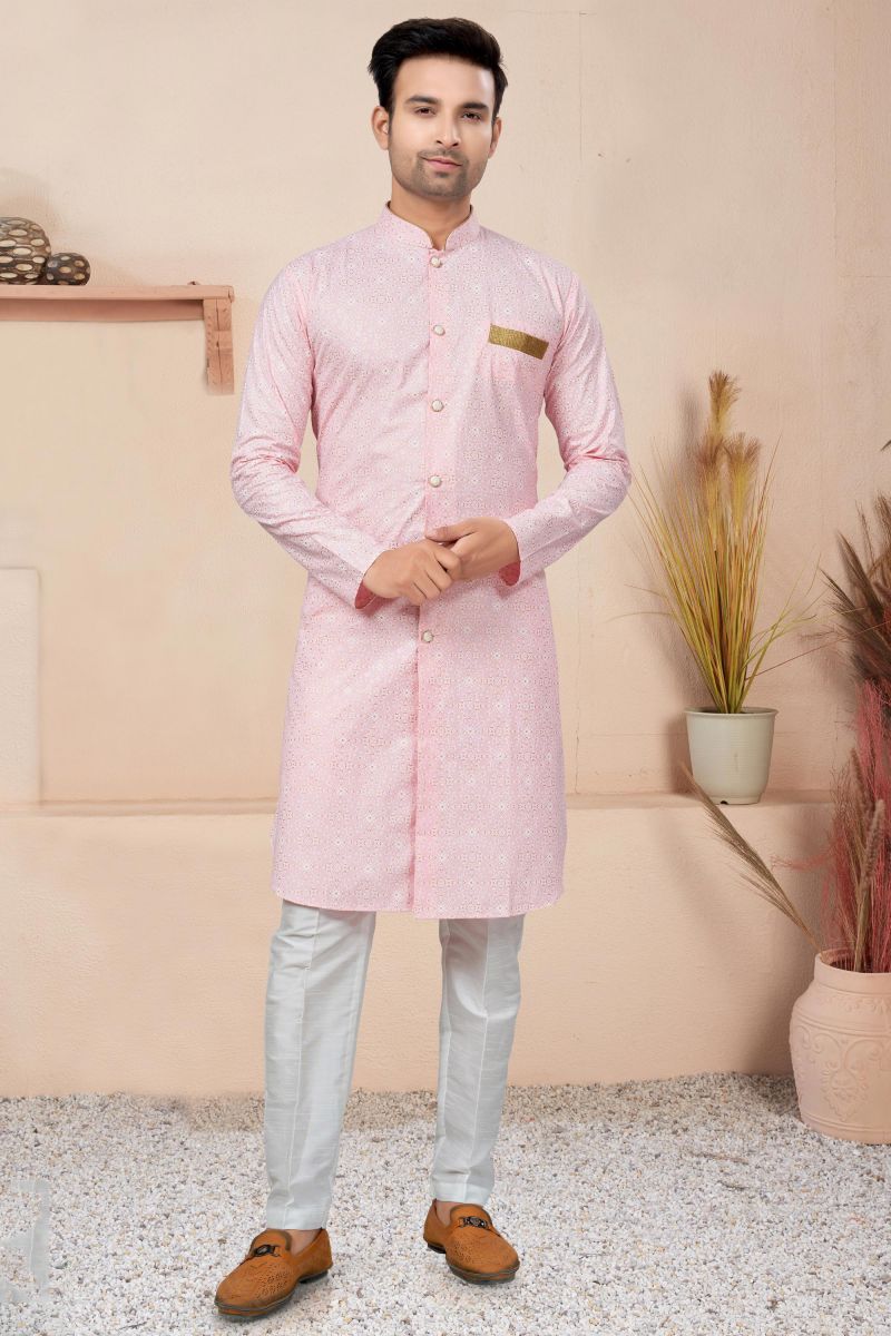 Pink Cotton Fabric Printed Trendy Readymade Indo Western For Men